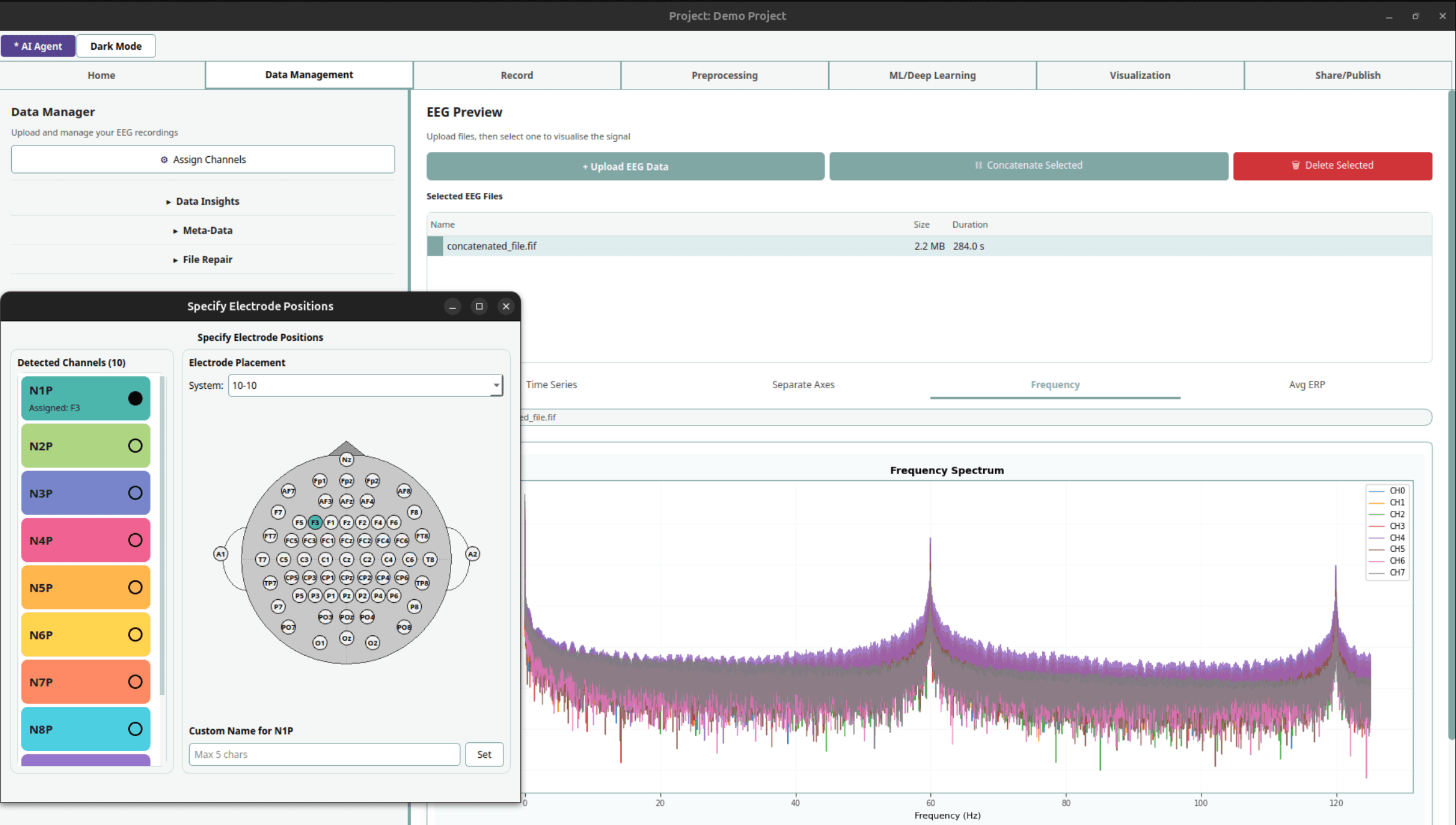 PyBCI Data Manager with selected EEG files, frequency spectrum, and electrode position assignment dialog.