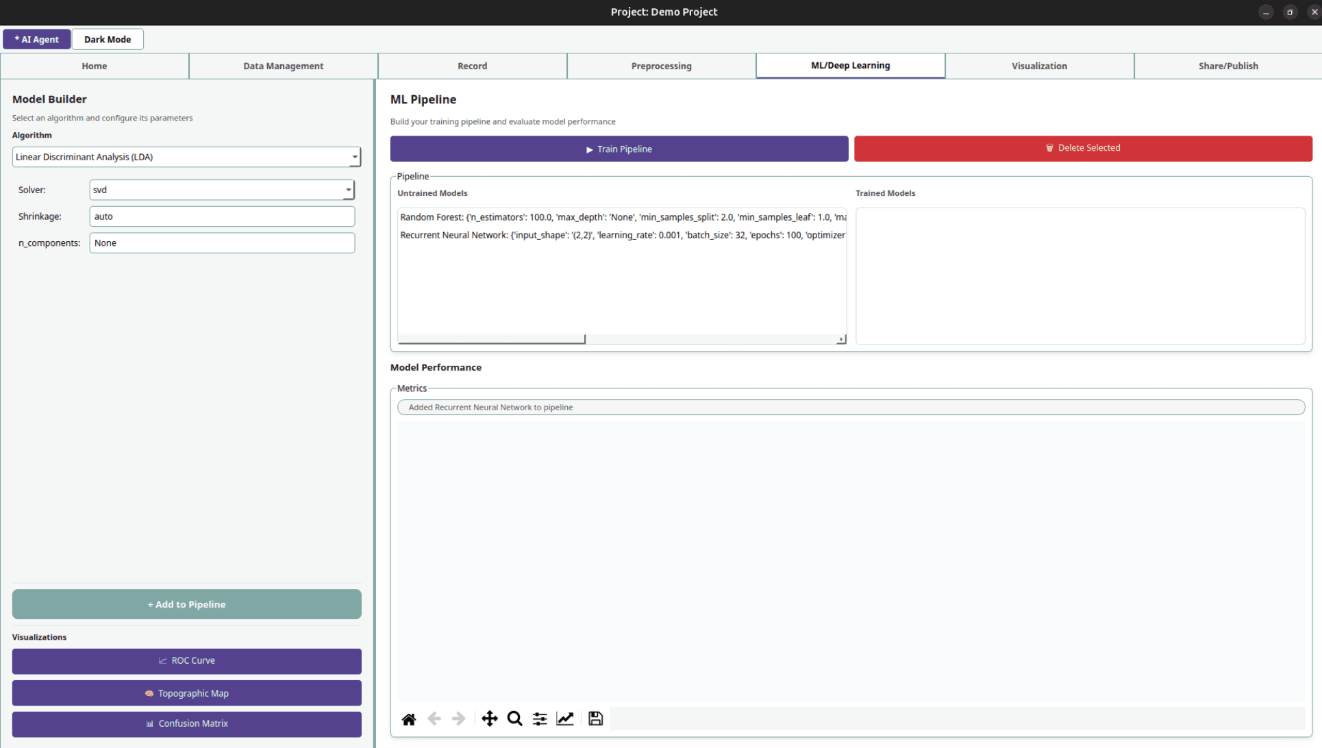 PyBCI ML Pipeline screen with model builder, queued models, and visualization actions.